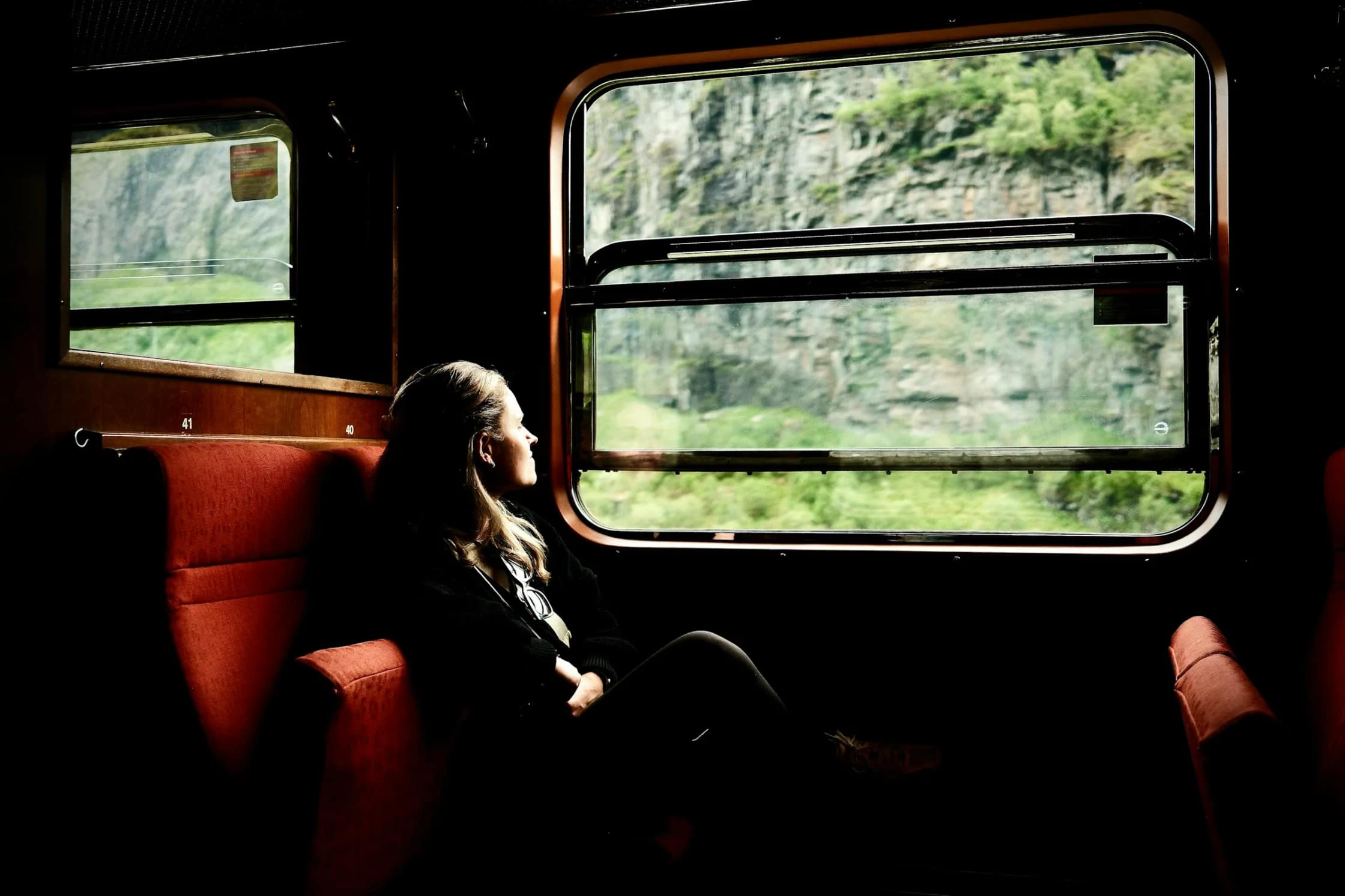 Woman in a train compartment looking out at the mountainside on the Flåm Railway